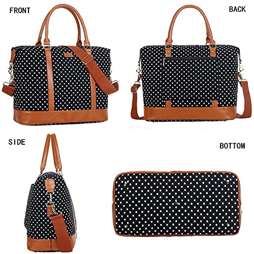 BAOSHA HB-28 Ladies Women Canvas Travel Weekender Bag Overnight Carry-on Shoulder Duffel Tote Bag (Black Dot)