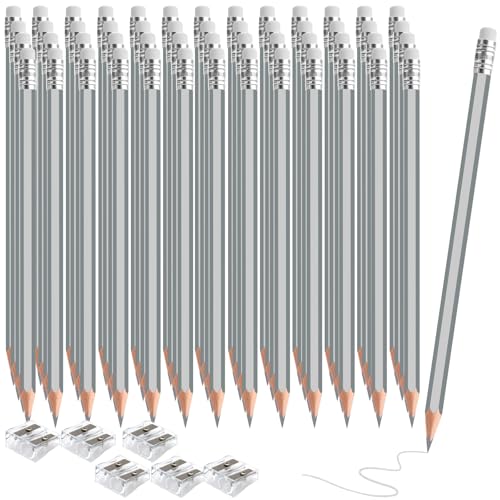 sqzrmdcg 120 PCS Silver Colored Pencils with Eraser Pre Sharpened Pencil 2 HB - Ideal for Checking, Grading, Tests & Office/School Supplies (Silver)