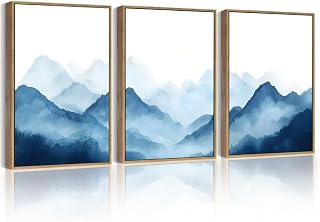 PHOPAGO Blue Fog Mountains Framed Wall Art Nature Landscape Artwork Paints Ink Wash Watercolor Boho Room Decor Farmhouse Rustic Decoration - 12x16in Natural Framed