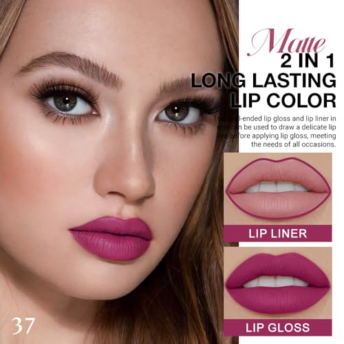 Image of evpct 1Pcs Rose Matte Lip Liner and Liquid Lipstick Stain Makeup Set for Women, Rose Red Plum Long Lasting Smudge Proof Lipstick, 37#