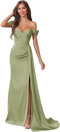 Maxianever Dusty Sage Bridesmaid Dresses Satin Mermaid Off Shoulder Maxi Pleated Prom Dress for Women 2026 with Slit 6