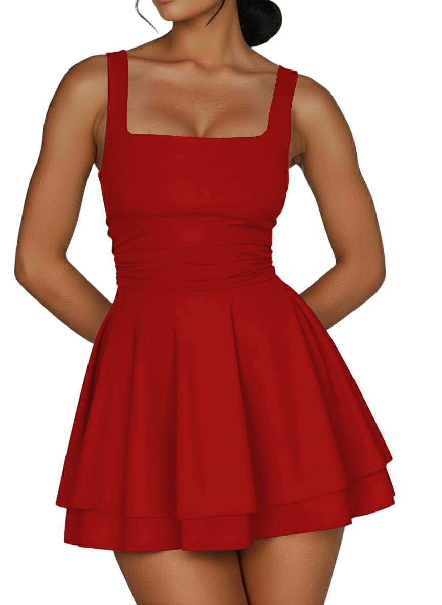 Photo 1 of Women's Square Neck Ruffle Hem Mini Dress Ruched Waist Corset Short Party Dresses?Red Solid?M