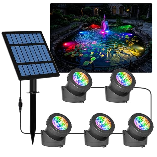 Lampe de Bassin Solaire, 5 packs Projecteurs LED Submersibles, Lumières Sous-Marine, Éclairage Extérieur, Spots Solaire avec 2 Modes, RGB Changement...