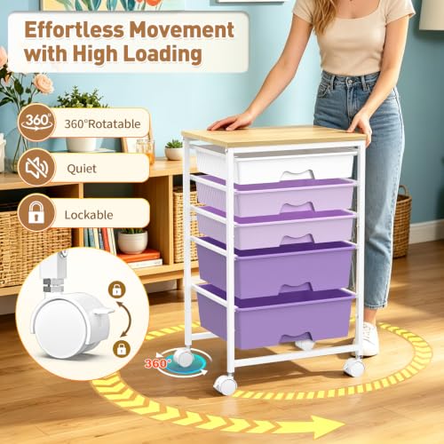 Image of SUNALLY Rolling Carts With 5 Drawers, Storage Drawer Carts for Craft,Purple