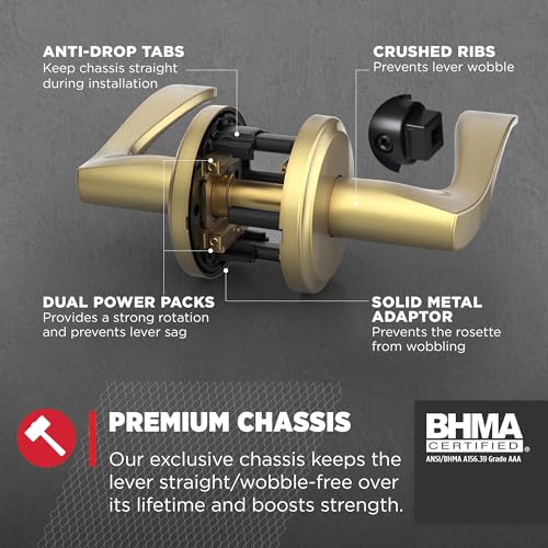 Image of Kwikset Sedona Interior Passage Door Handle, Lever for Closet and Hallway Doors, Reversible Non-Locking Handle Lever, Satin Brass, with Microban Protection