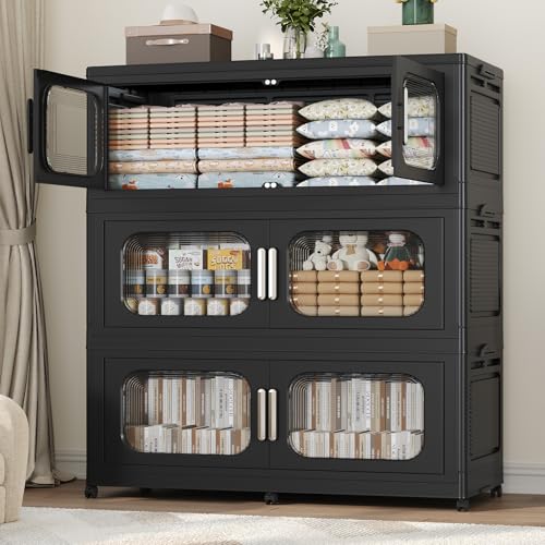 150GAL Extra Large Storage Bins with Lid, 600QT Storage Bins with Wheels, Collapsible Closet Organizer, Stackable Folding Plastic Storage Containers for Home, Office, Dorm, 3Pack Black