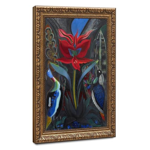 Toile Joseph Stella Fleur Rouge 30x45cm avec Cadre Suspendu en Bois Léger