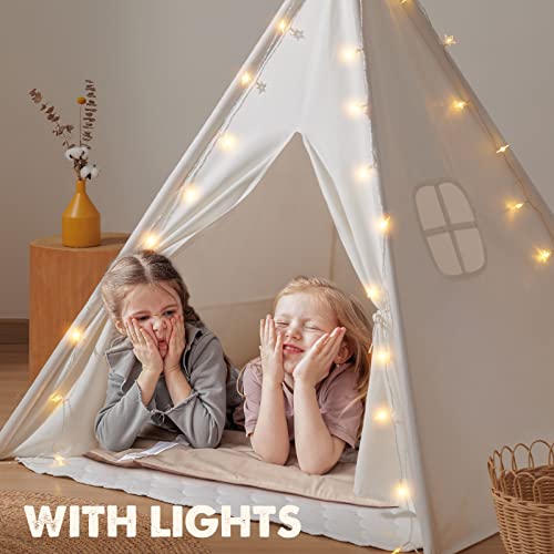 Tiny Land Tipi tent voor kinderen, binnen tipi-speeltent voor kinderen, met gevoerde deken en lichtketting en opbergtas, zeildoek, kindertent, speelhuis voor binnen en buiten - Afbeelding 5
