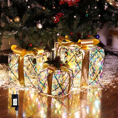 CCLIFE Conjunto de 3 caixas de presente com luz LED, iluminadas para árvore de Natal, casa e decorações CushHom