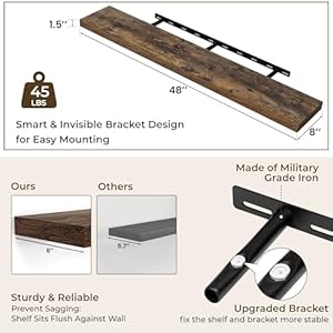 48inch floating shelves for wall 2 pack shelves for bedroomkitchenbathroom wall mounted rustic wood floating shelf with invisible brackets for booksstoragedecor rustic brown  urban country home decor