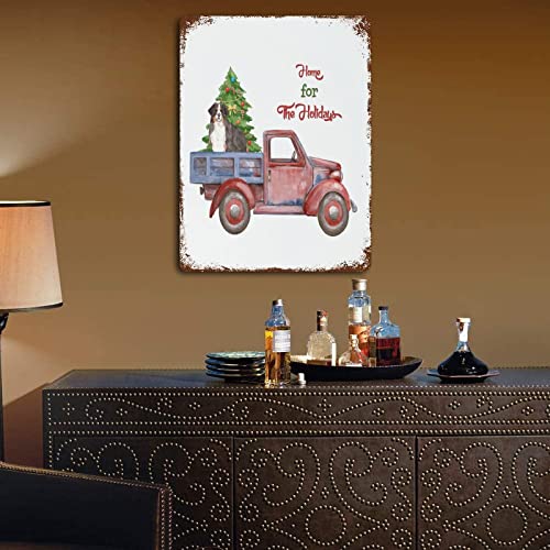 Decorative Merry Christmas Dog Red Truck Metal Signs Outdoor Signs And Decor Home For The Holidays Vintage Metal Tin Signs Hanging Wall Plaque Kitchen 12"X16" #TOP4