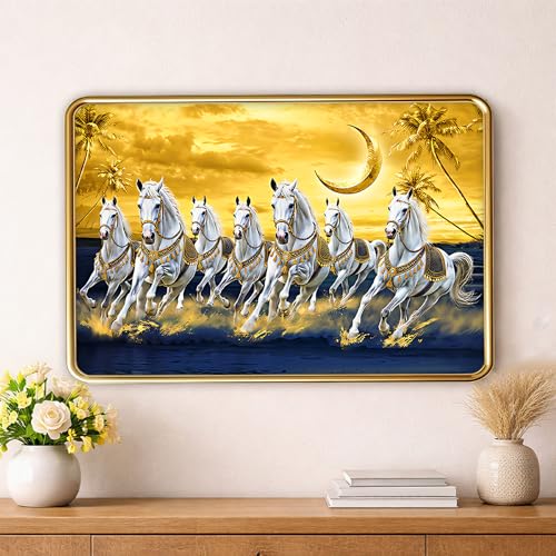 Image of XOPY Seven Running Horses with Golden Frame | Vastu 7 horses Raw Pyrite Painting for Home, Office & Living Room Wall Decore | 12X18 Inch Sparkle Laminated Frame | Best For Gifting (53302, 12X18)