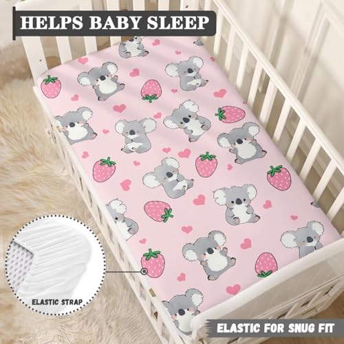 Image of Strawberry Koala Baby Crib Sheets Neutral Breathable Bedding Sets for Cribs Fitted Removable Mattress Cover for Girls Safe and Breathable Nursery Decor Home Accessories, Pink