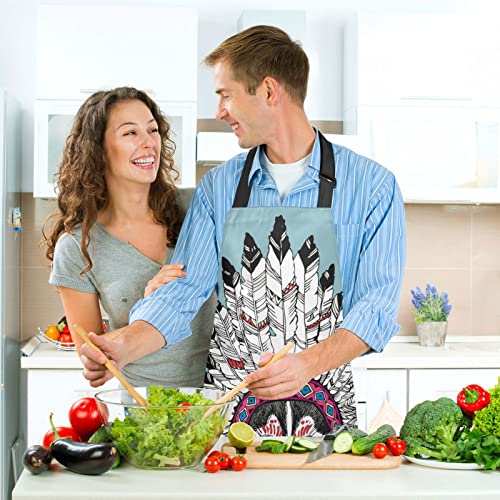 Alaza Husky Dog Portrait With Indian Headdress Blue Waterproof Apron W/ Pockets Oven Mitts Set Pot Holders Kitchen Linen Sets #TOP5