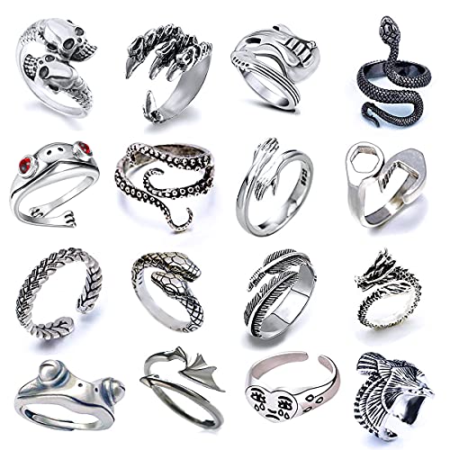 16 Stück Vintage Punk Ringe Tintenfisch Drachen Schlange Verstellbarer Ring, Böhmischen Knuckle Ring Sets, Vintage Silber Stapelbar Ringe für Männer Frauen Mädchen Cover