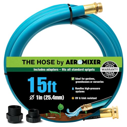 Aeromixer THE HOSE - 1 Inch Garden Hose 15 Ft with Adapter Set for 3/4 Spigots Kinkless Commercial Garden Hoses Heavy Duty Industrial Water Hoses for Outdoors 650 PSI High-Pressure Watering Tool