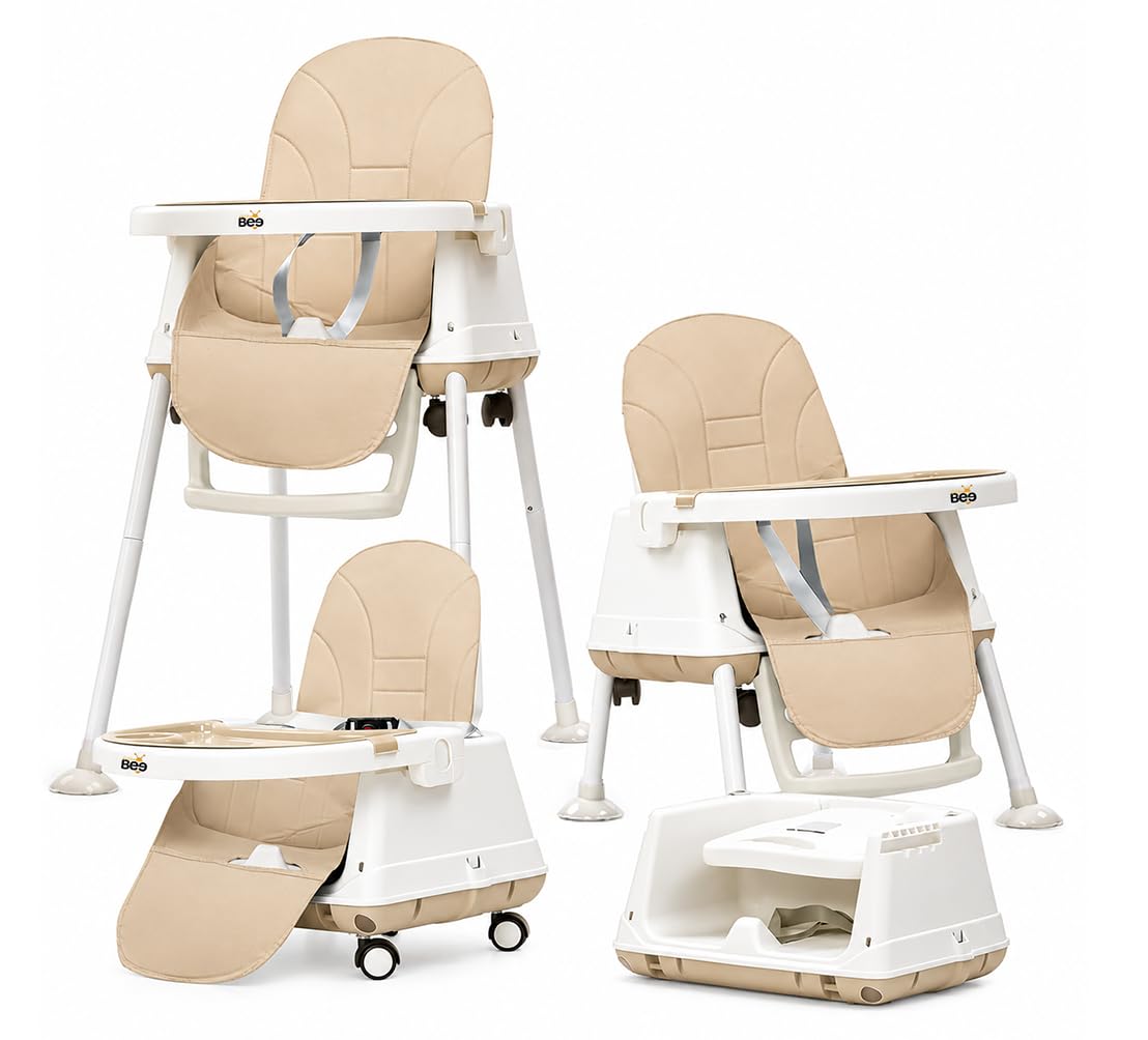 Golden Bee Deluxe 4 in 1 Convertible High Chair for Babies and Toddlers, Feeding Seat with Tray, Wheels, Safety Belt, and Cushion Seat, for Baby Boy & Girl 6 Months to 3 Years (Khakhi)