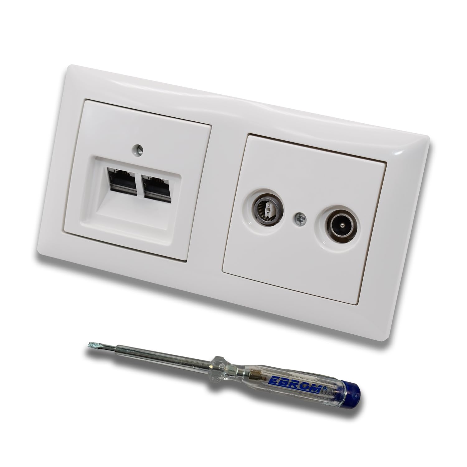 Busch Jäger, Rutenbeck Unterputz Netzwerkdose 10 Gigabit/S (10GbE) KAT6A 6A 2 x RJ45 Anschluss + WISI 2-Loch Durchgangsdose im BJ BalanceSi alpinweiß Design + EBROM Phasenprüfer z. Montage d. Geräte