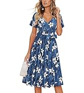 LAISHEN Women's V Neck Floral Short Sleeves Dress Summer Casual Flowy Belted Dresses with Pockets