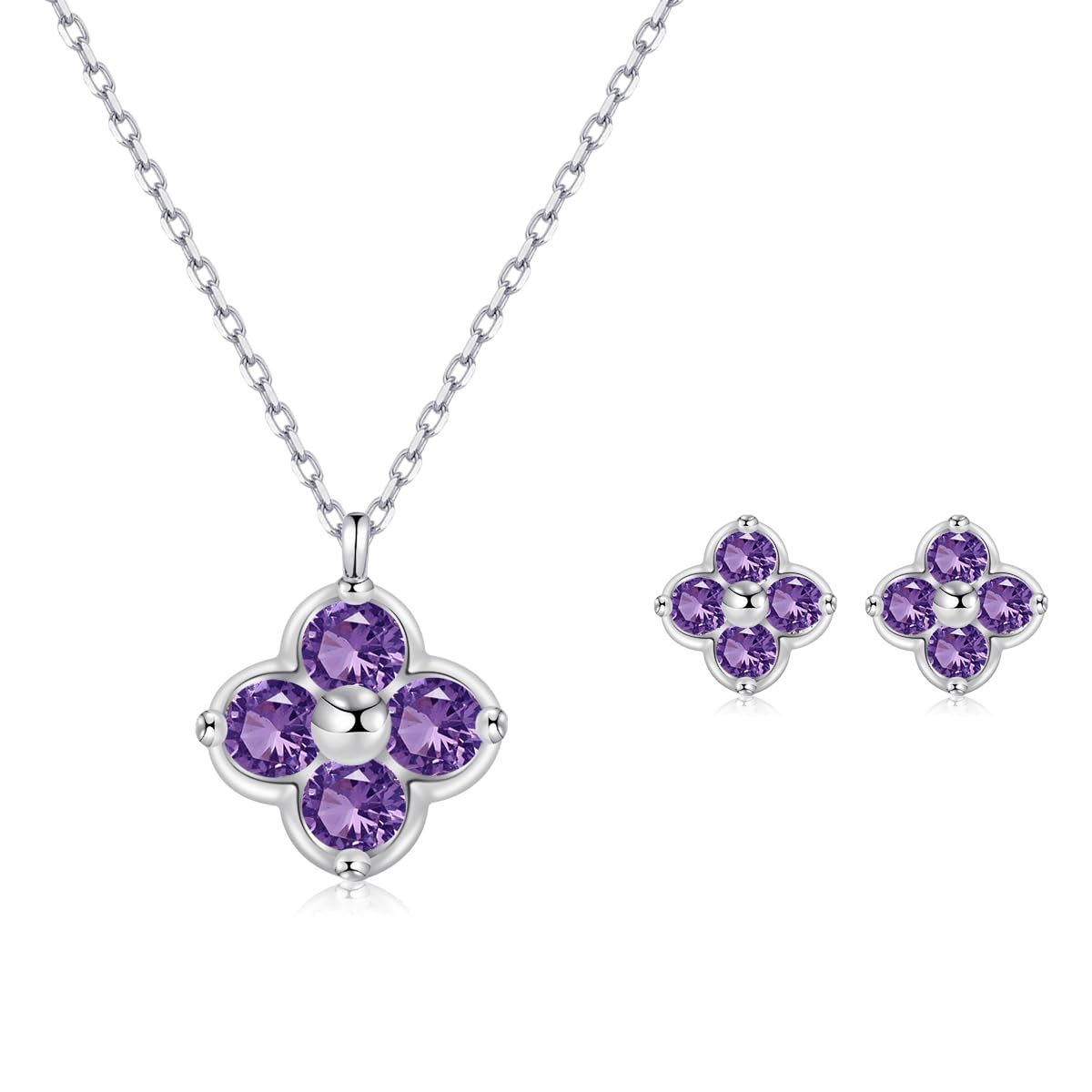 Amethyst Schmuckset Silber 925 Damen Kleeblatt Anhänger 45cm | Hypoallergen,Amethyst Halskette und Ohrringe Set,Februar Geburtsstein,Valentinstagsgeschenke,Tägliches Tragen,5A Zirkon
