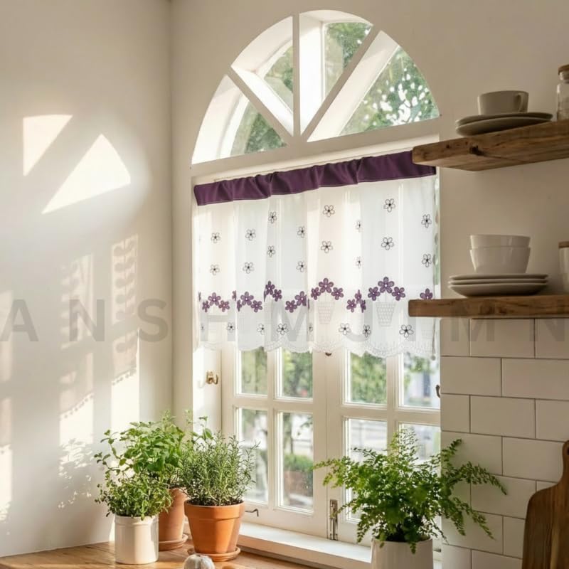 Image of Short Window Curtain for Kitchen, Living Room, Cafe, Restaurant & Home Decor | Elegant Half Window Valance | Length - 24 Inch, Width - 42 Inch (White Flowerpot, Small)