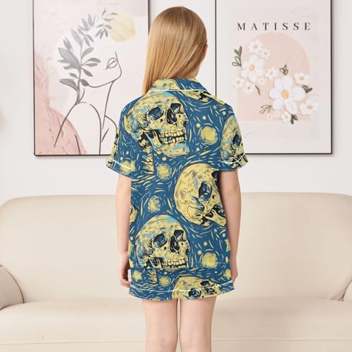 ALAZA Starry Sugar Skull Skeleton Pajamas Satin Pajama Set Short Sleeve Button Down Sleepwear4