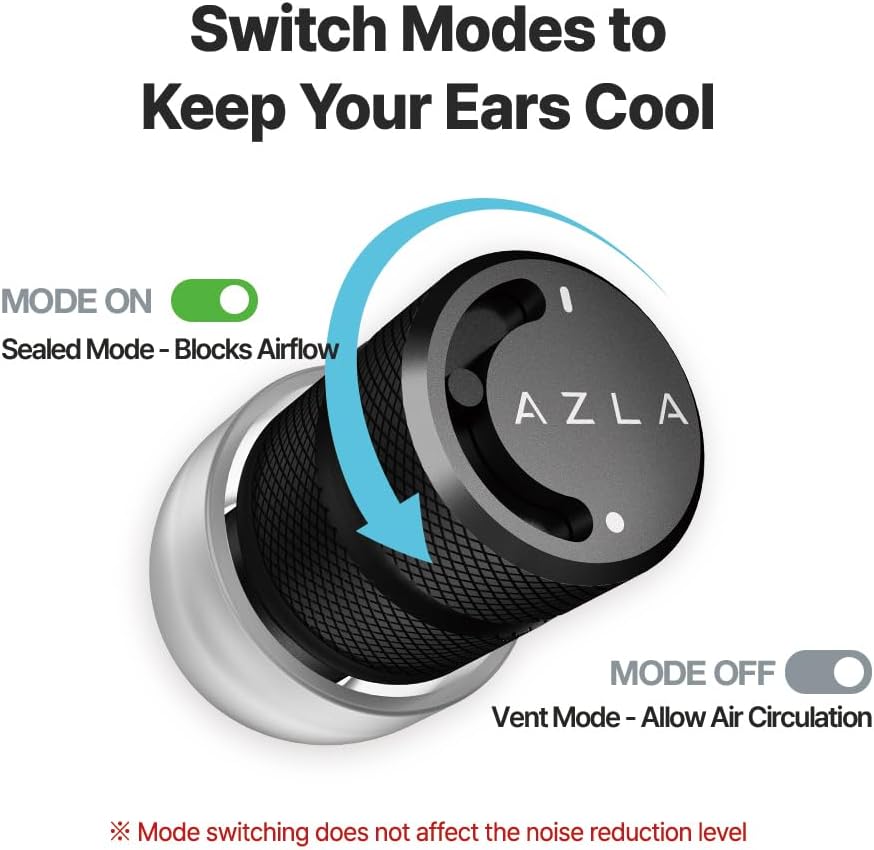 AZLA POM1000 II – Noise Cancelling Ear Plugs for Sleeping, Airplane Travel, Motorcycles, Shooting, Concerts – 35dB Hearing Protection, Adjustable Vent, Metal Case, 6 Ear Tips