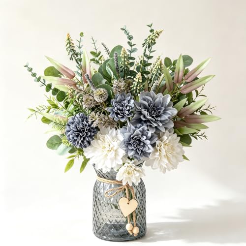 Image of Fake Flowers with Vase, Blue Silk Dahlia Artificial Flowers Silk Flowers Arrangement in Vase Suitable for Home Spring Decor Office Decoration, Dining Coffee Table Centerpiece Kitchen Bathroom