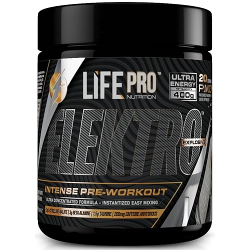 Life Pro Pre entreno Pre workout Elektro 400g, Pre entreno fuerte con Beta Alanina, 8g Citrulina, Taurina y Bioperine para máxima absorción, Mejora el rendimiento y resistencia, Ideal para atletas