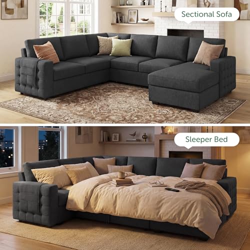 Image of HONBAY Sectional Sleeper Sofa with Pull-Out Bed Storage Chaise, 6 Seater Couch for Living Room, Dark Grey
