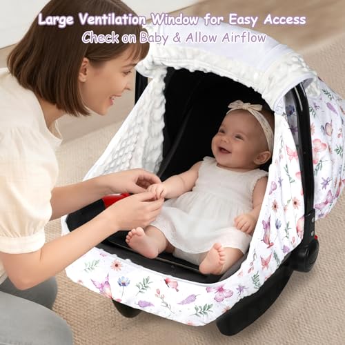 Image of Pea Pod Baby Car Seat Cover, Universal Infant Car Seat Cover with Sunshade & Mesh Windows - Breathable Minky Lined Canopy Cover for Stroller- Soft Carseat Cover for Newborns, Butterfly Patterns
