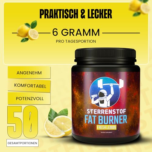 Sterrenstof Fat Burner – Frische Zitrone – Fettverbrenner Appetitzügler mit L-Carnitin, L-Tyrosin, L-Theanin, Grüntee-Extrakt, Koffein – Schnell abnehmen, Fatburner, Diät, 300 g Pulver, 50 Portionen – Bild 4