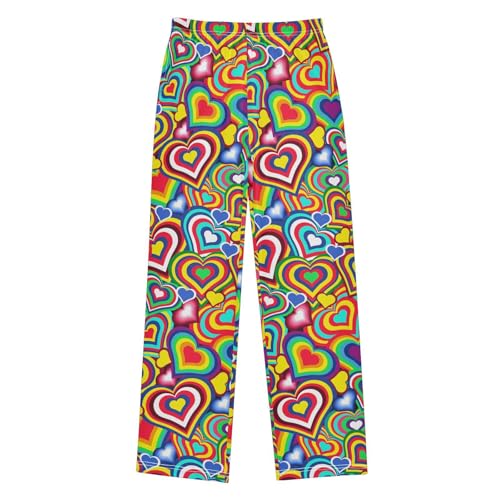 Rainbow Love Heart Boys Long Pants Soft Trousers Elastic Waist Kids Lounge Bottoms with Pockets S-XL