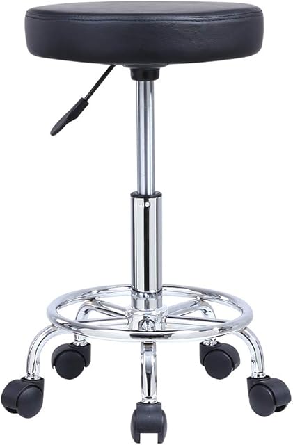 KKTONER PU Leather Round Rolling Stool with Foot Rest Swivel Height Adjustment Spa Drafting Salon Tattoo Work Office Massage Stools Task Chair (Black)