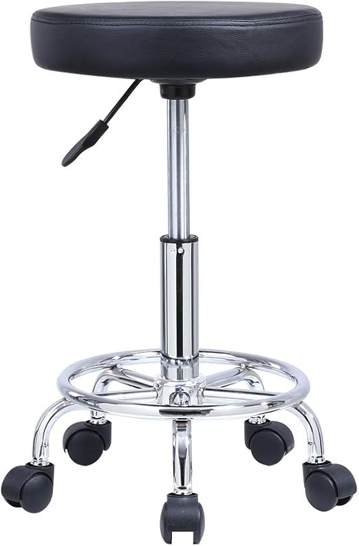 KKTONER PU Leather Round Rolling Stool with Foot Rest Swivel Height Adjustment Spa Drafting Salon Tattoo Work Office Massage Stools Task Chair Cushion 14 inches (Black)