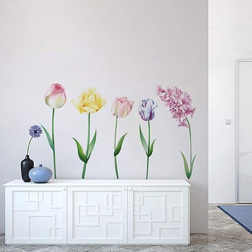 Miniatura 4 de Runtoo Calcomanías de pared de flores grandes, tulipán, floral, arte de pared, dormitorio, sala de estar, niños, bebé, guardería, decoración del