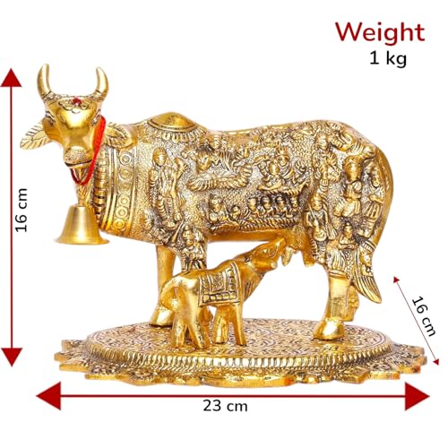 Image of Kamdhenu Cow with Calf Idol for Home Decor | Metal Cow Statue with Intricate Embossed Design | Vastu & Pooja Decorative Showpiece | Temple, Office, Housewarming & Gift Item