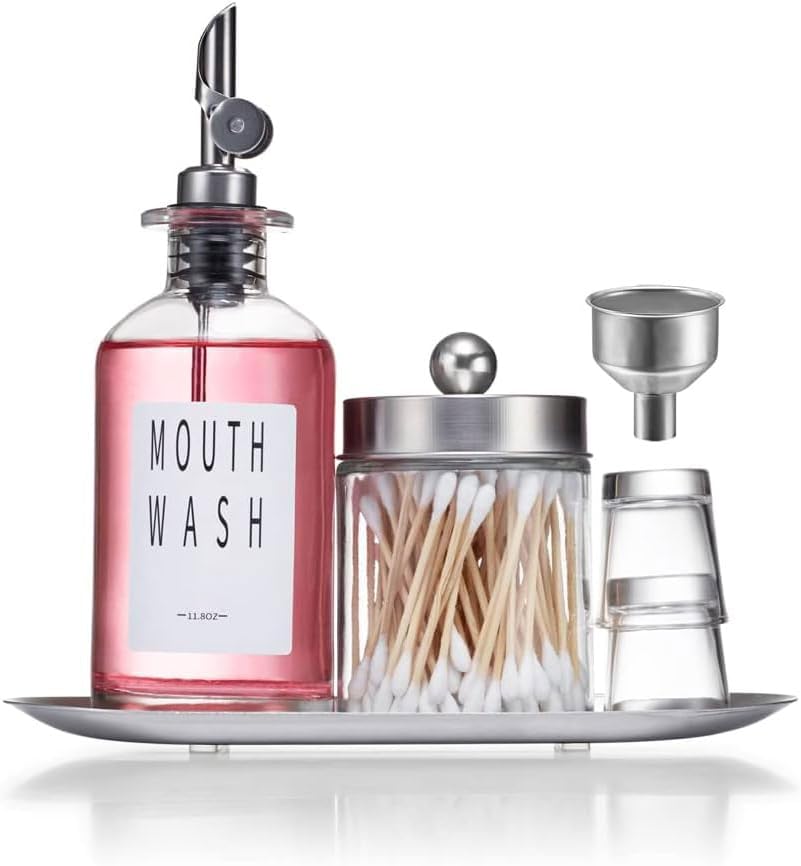 Joyfulmap Mouthwash Dispenser Set for Bathroom, Clear Glass Mouth Wash Bottle with Qtip Holder, 2 Glass Cups, Tray, Stainless Funnel, Bathroom Essentials, Sliver