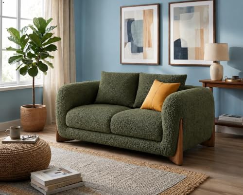 Image of Modern Sofa, Teddy Fabric, Chesterfield Style, Wooden Legs, for Living Room, Bedroom, Hallways (Dark Green - 2 Seater)