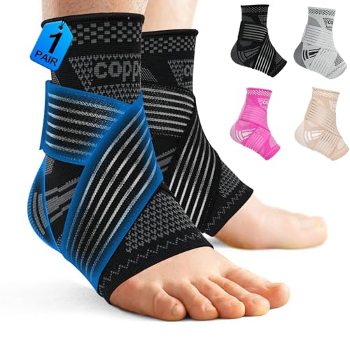 DRNAIETY 1 Pair Copper Ankle Brace for Men & Women - Adjustable Ankle Compression Sleeve, Compression Support for Plantar Fasciitis, Achilles Tendonitis, Foot Pain, Swelling - Everyday Use(Black,L)