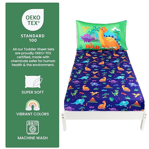 Image of Todays Kids 2-Piece Dinosaurs Toddler Bed Sheets Set - Soft & Breathable Toddler Bedding Set, Machine Wash & Fade Resistant - Secure Fitted Sheet & Matching Pillowcase - Fits 28 inch x 52 inch Crib Mattress