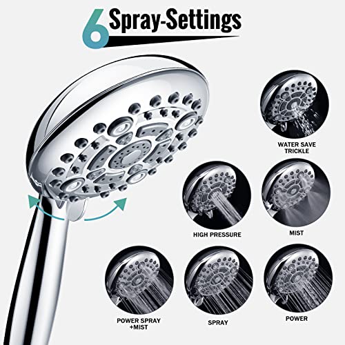 Shower Head, Sr Sun Rise 6-Settings 5" High Pressure Handheld Shower Head Set With 2.45 Meter/96 Inch/ 8 Ft Long Shower Hose And Shower Arm Mount With Brass Ball Joint,Chrome #TOP1