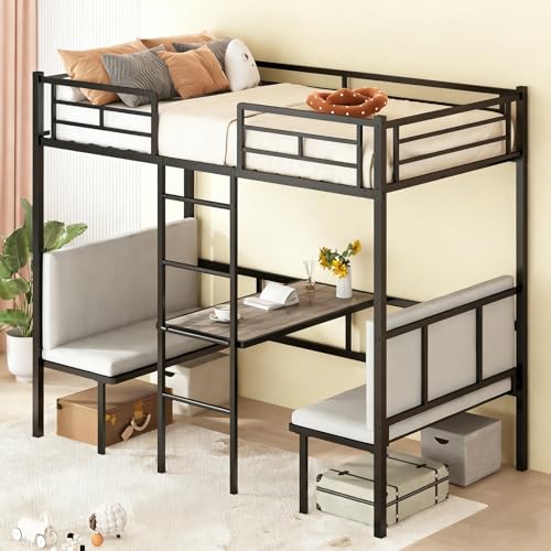 Beliche Multifuncional de Metal com Mesa Conversível em Cama, Cama Loft com Bancos Laterais, Escada Central e Grades de Proteção, Ideal para Quarto Pequeno e Juvenil
