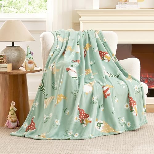 Cozy Bliss Gnome Spring Throw Blanket - Garden Daisy Floral Design Warm MilkyPlush Throw Blankets Ultra Soft Cozy Blankets for Couch Sofa and Bed Green 50X60inches