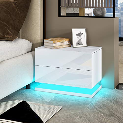 Komtopod Nachttisch mit LED-Beleuchtung, Nachttisch Kommode mit 2 Schubladen aus Holz Sofa Tisch mit RGB LED Streifen für Schlafzimmer Wohnzimmer Wohnmöbel, Weiß