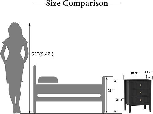 Miniatura 3 de OCANDO Mesita de noche negra acanalada de 19 pulgadas, 3 cajones, mesa auxiliar de cama para sala de estar pequeña, armario de almacenamiento Negro