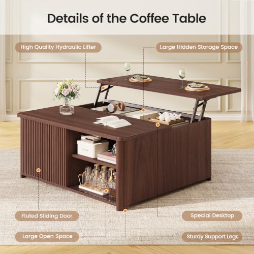 Image of SEDETA 31.5 inch Lift Top Coffee Table with Storage, Square Coffee Tables for Living Room, Fluted Coffee Table with Large Hidden Storage Compartment and Adjustable Shelves, Walnut