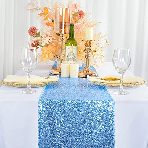 Table Runner Coffee Table Runner Baby Blue 12''x72'' Sequin Table Runner Dining Table Runner Light Blue 1pc 12x72 Table Runner Glitter Decorative Table Runner for Baby Shower