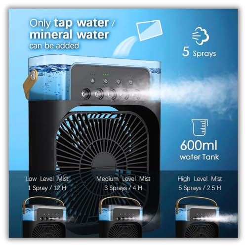 Image of Drumstone 𝟏𝟓-𝐘𝐞𝐚𝐫 𝐋𝐨𝐧𝐠-𝐋𝐢𝐟𝐞 𝐖𝐚𝐫𝐫𝐚𝐧𝐭𝐲 Portable Personal Mist Fan with 600ml Water Tank, USB Type-C Powered Desk Fan, LED Light and Timer for Office, Bedroom and Study Use