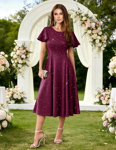 HomRain Plus Size Burgundy Sequin Dress Formal Wedding Guest Cocktail Evening Gowns Mother of The Bride A-Line Flare Sleeve Dress for Women 2XL — view 3